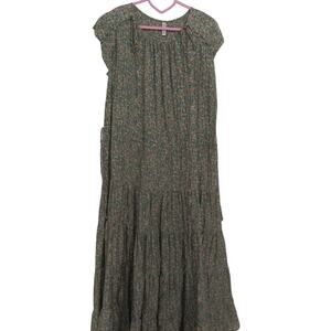 Mirth Women Sz M Green Floral Merida Dress Cap Sleeve Tiered Maxi Prairie